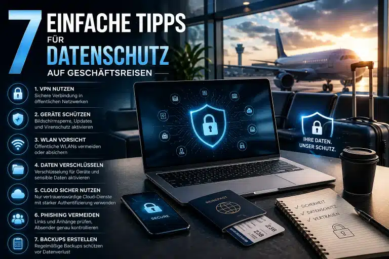 Laptop mit VPN für sicheren Datenschutz auf Geschäftsreisen