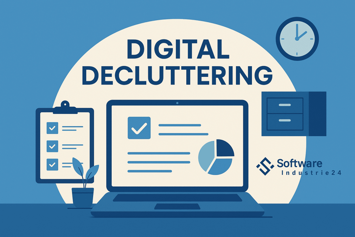 Digitale Illustration eines klar strukturierten Arbeitsplatzes mit dem Logo von Softwareindustrie24, Symbol für Fokus, Effizienz und modernes Arbeitsumfeld