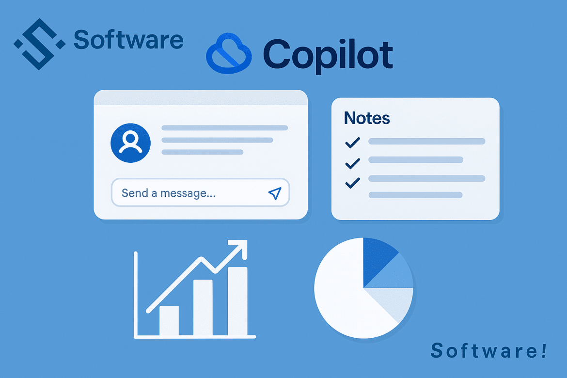 Microsoft 365 Copilot Oberfläche mit Diagrammen, Notizen und dem SoftwareIndustrie24 Logo