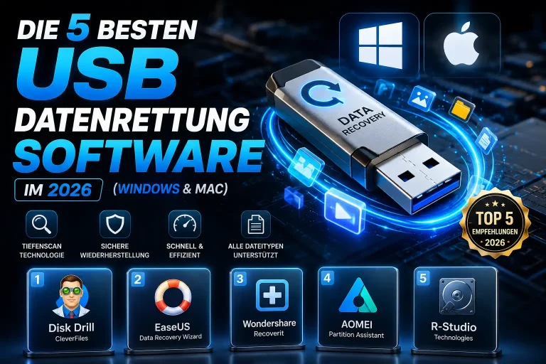 Modernes 4K-Techbild eines USB-Sticks mit holografischer Datenrettungsoberfläche sowie den besten USB-Datenrettungsprogrammen 2026 für Windows und Mac.