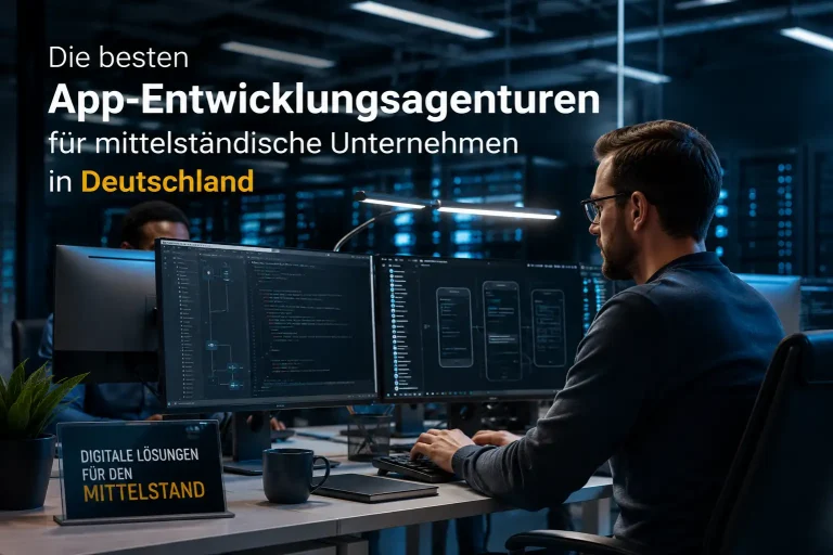 Professionelle App-Entwickler in modernem IT-Büro bei der Entwicklung von Business-Apps für mittelständische Unternehmen in Deutschland.