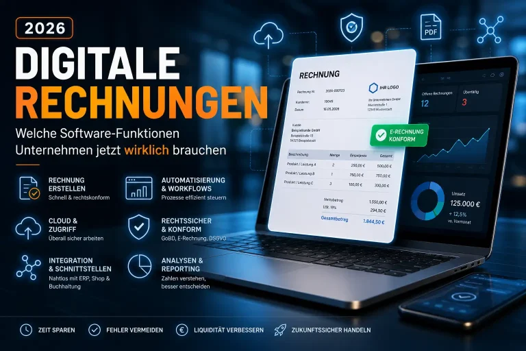 Digitale Rechnungssoftware 2026 auf modernem Büro-PC mit E-Rechnung Dashboard