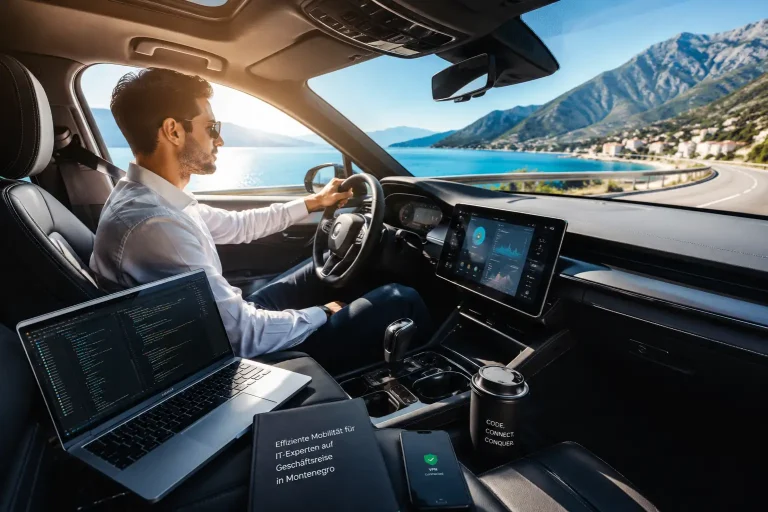 IT-Experte arbeitet mobil während einer Geschäftsreise in Montenegro mit Laptop und Cloud-Software