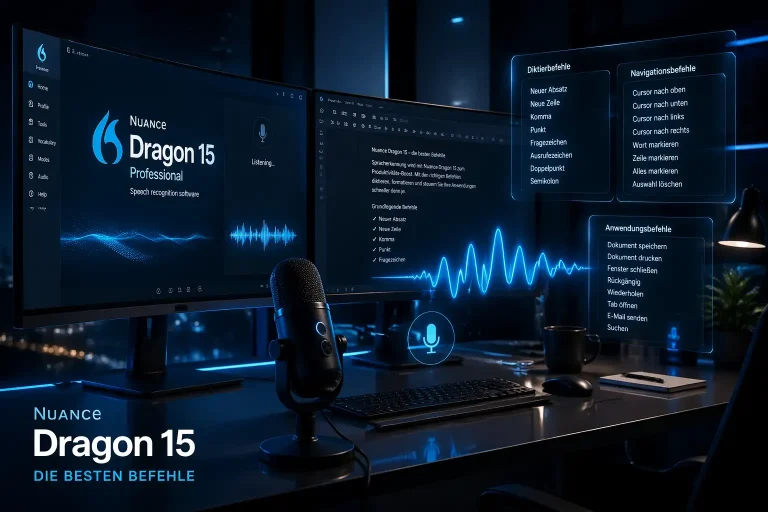 Nuance Dragon 15 Spracherkennungssoftware an modernem Arbeitsplatz – Befehle und Sprachsteuerung im Einsatz